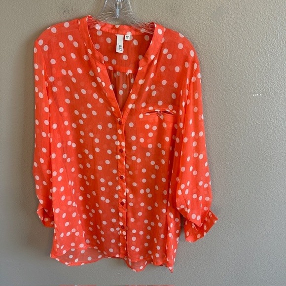 Kut From The Kloth Women's Sheer Jasmine Button-Up Blouse Peach Polka Dot‎ XL - Picture 3 of 7